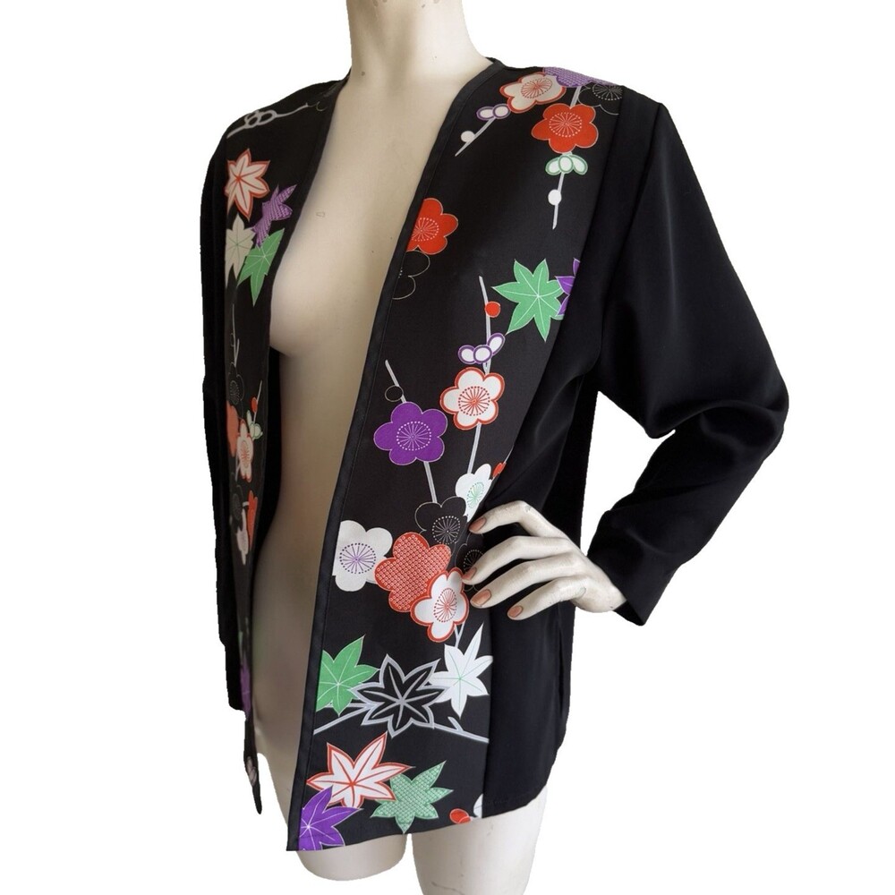 METO Asian Art to Wear Kimono Jacket Black Japanese Floral Art to Wear Size M